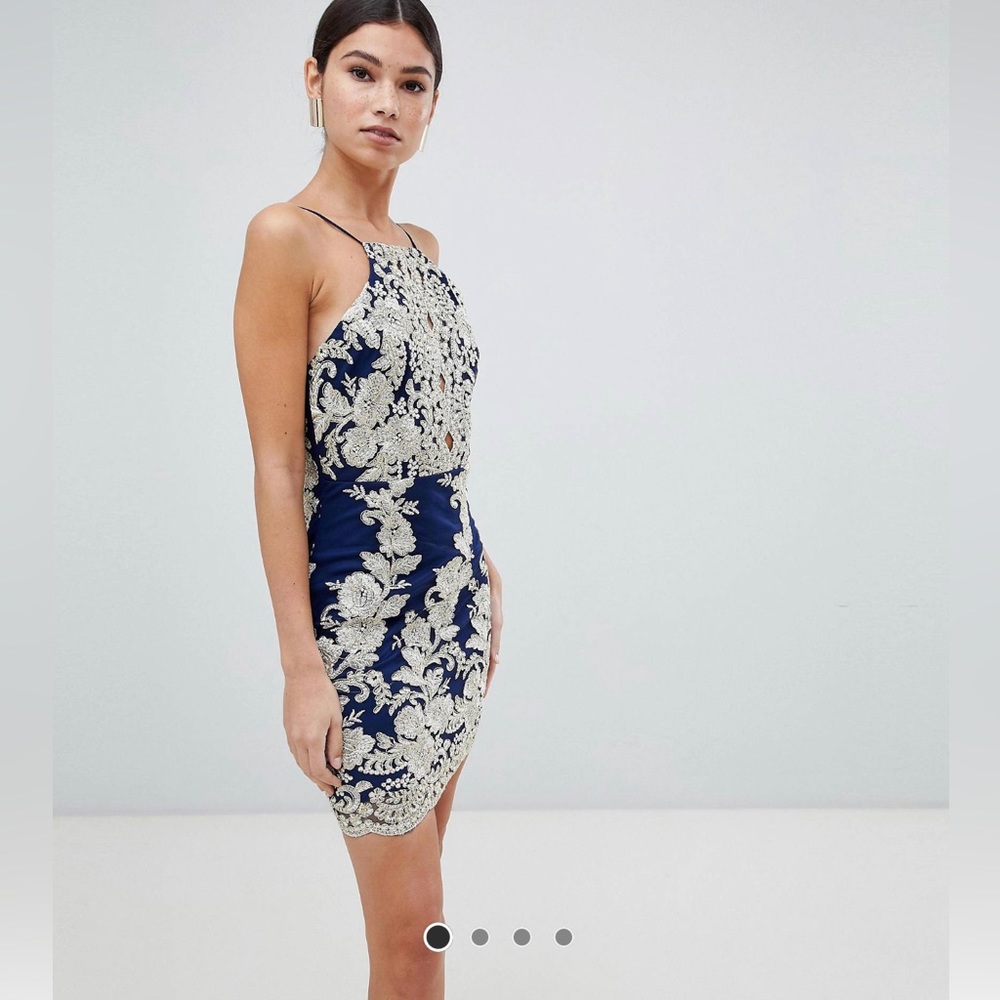 Love Triangle lace overlay cami dress with lace up back in gold